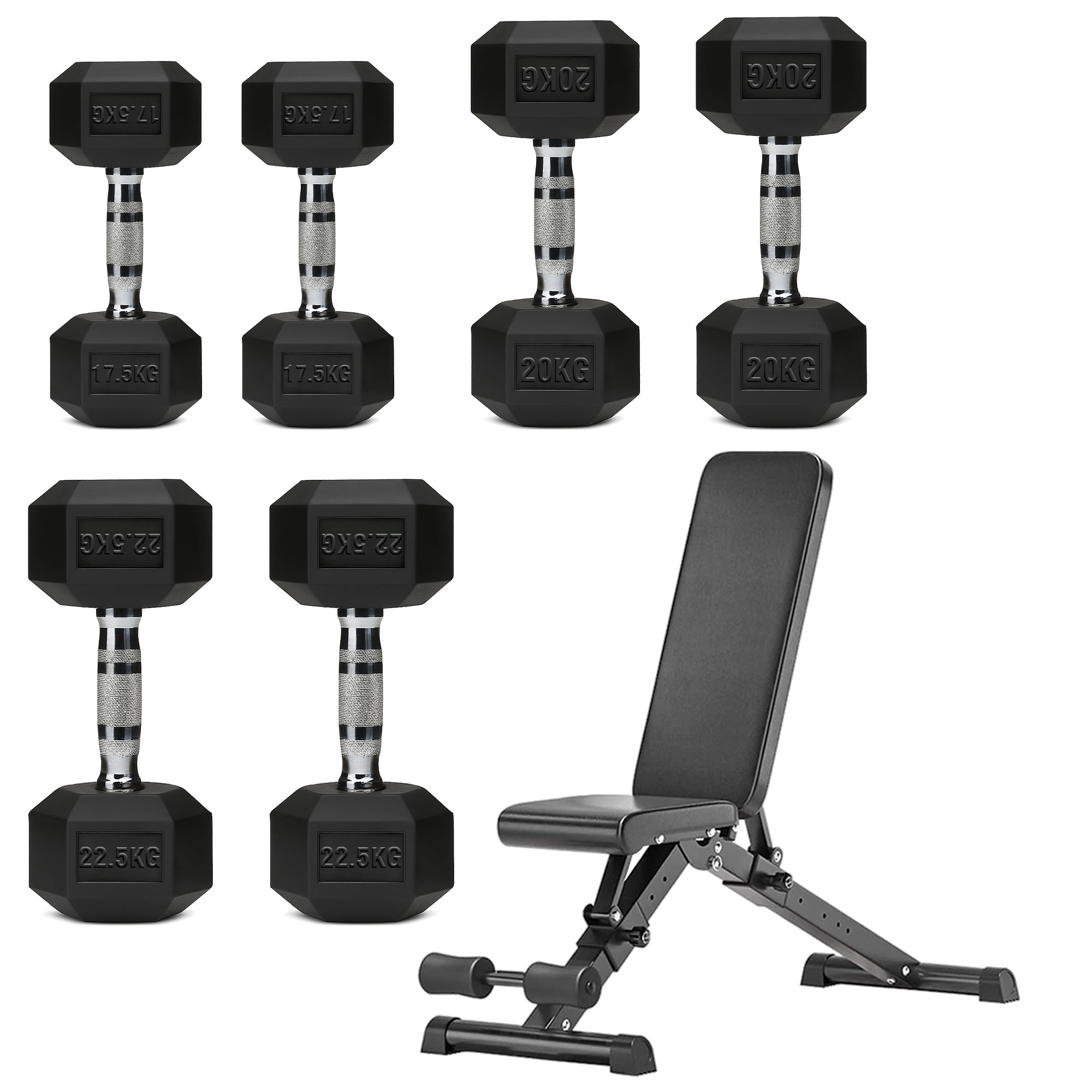 Hex Dumbbell Set with 3-Tier Tree Rack & Optional Bench – Rubber Coated Anti-Roll Weights for Home Gym