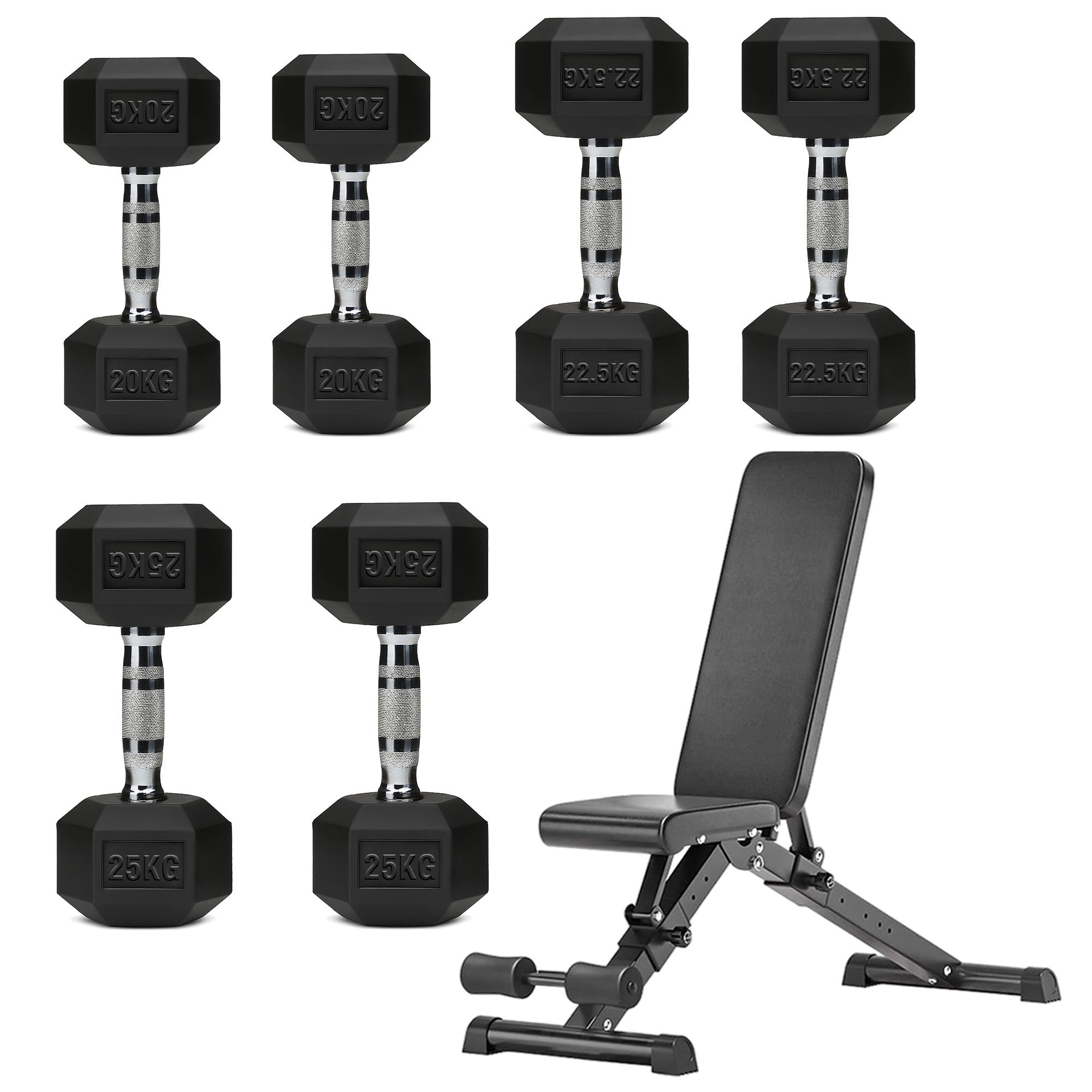 Hex Dumbbell Set with 3-Tier Tree Rack & Optional Bench – Rubber Coated Anti-Roll Weights for Home Gym
